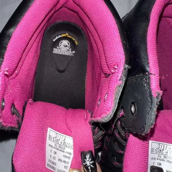 Brahma Bevel Women's Steel Toe Black Pink Leather Utility Work Boots - Picture 5 of 12